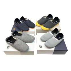 Four pairs of Mahabis slippers, comprising 'Summer grey slippers' size EU40, 'Curve grey and black' size EU46, 'Classic light grey' size EU44 and 'Classic 2 navy' size EU43,  all new in box