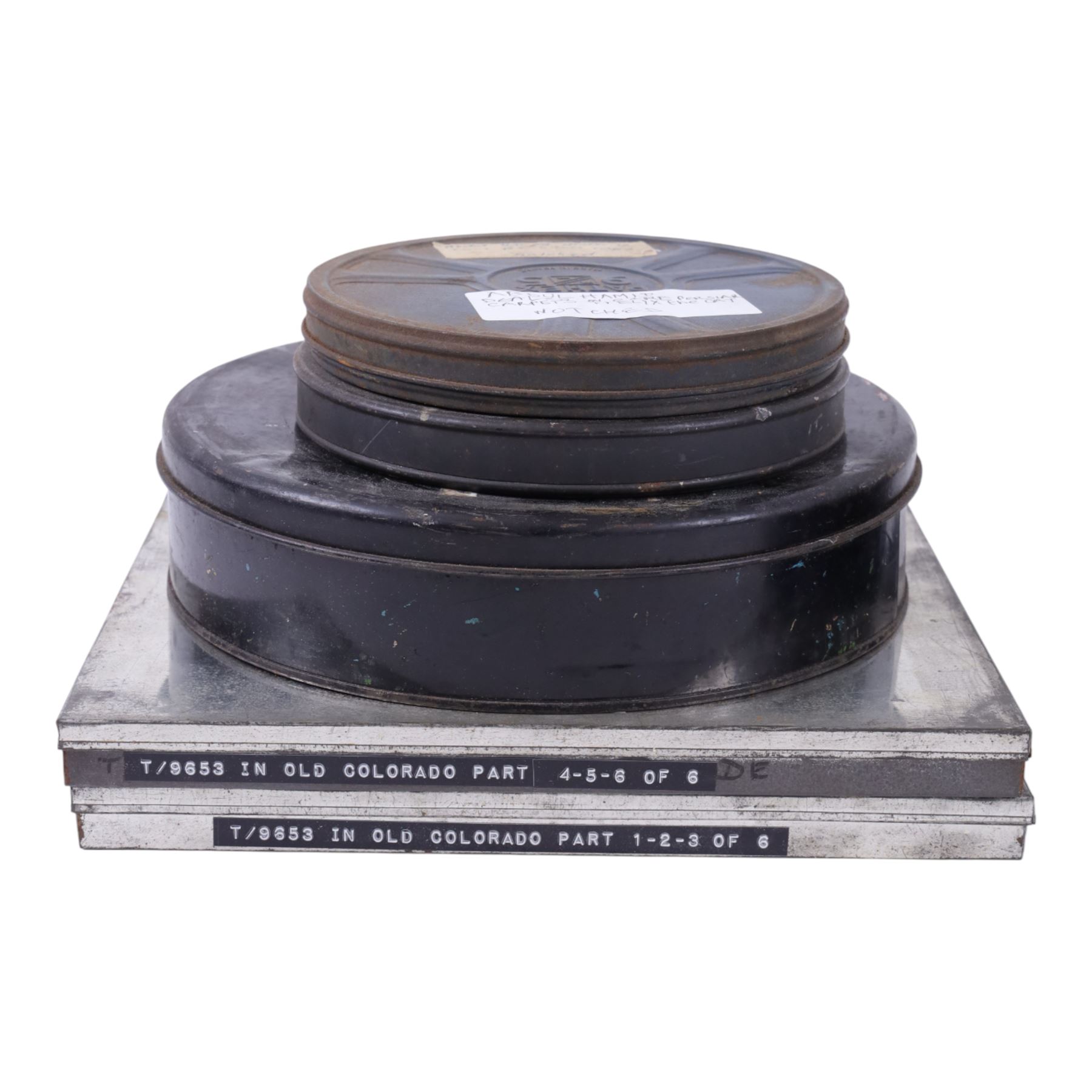 Collection of 9.5mm and 16mm cine film reels, mostly silent black and white with some notched examples, including 'Antarctic Whale Hunt' with sound, 'White Flame', 'The Good Old Days' electricity promotional, 'Rolling Around' Charlie Chaplin, etc, most in tin cases with hand written titles, together with two boxed sets of lantern slides, 'The Transvaal War', 'The Sweep & The Whitewasher' and 'Willies Revenge'