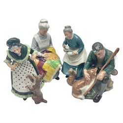 Four Royal Doulton figures, comprising The Master HN2325, Old Mother Hubbard HN2314, The Favorite HN1959 and Eventide HN2814, all with printed marks beneath 