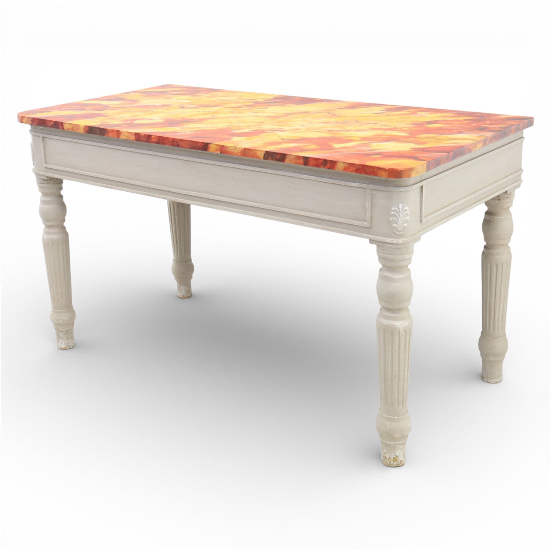 A pair of 19th century style pine console tables, with rectangular simulated marble top over a painted frieze, raised on fluted and turned tapering legs