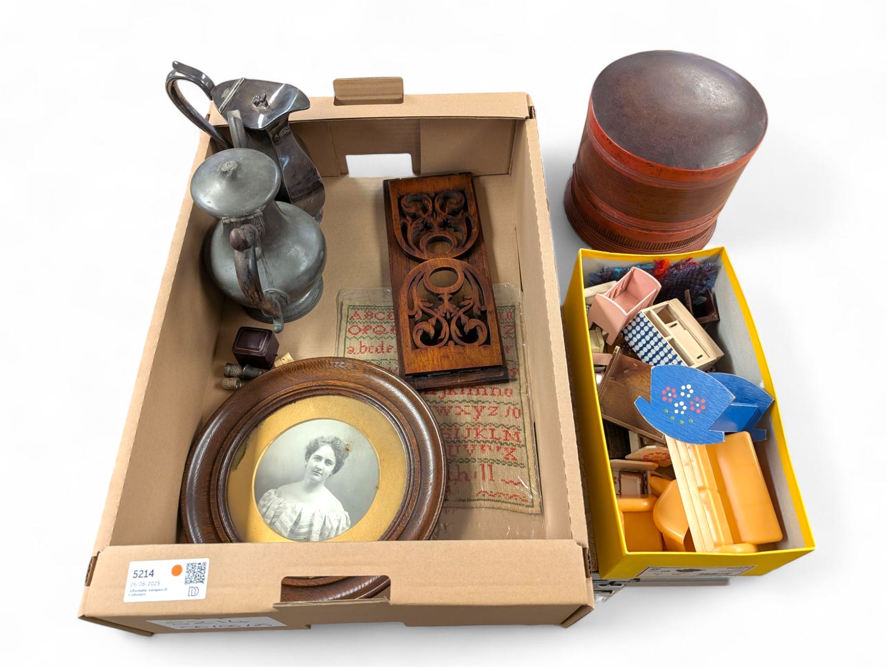 Burmese red lacquer circular box, pewter coffee pot, wooden book slide and circular photograph frames, thimbles including silver example, sampler and a small collection of vintage dolls house furniture