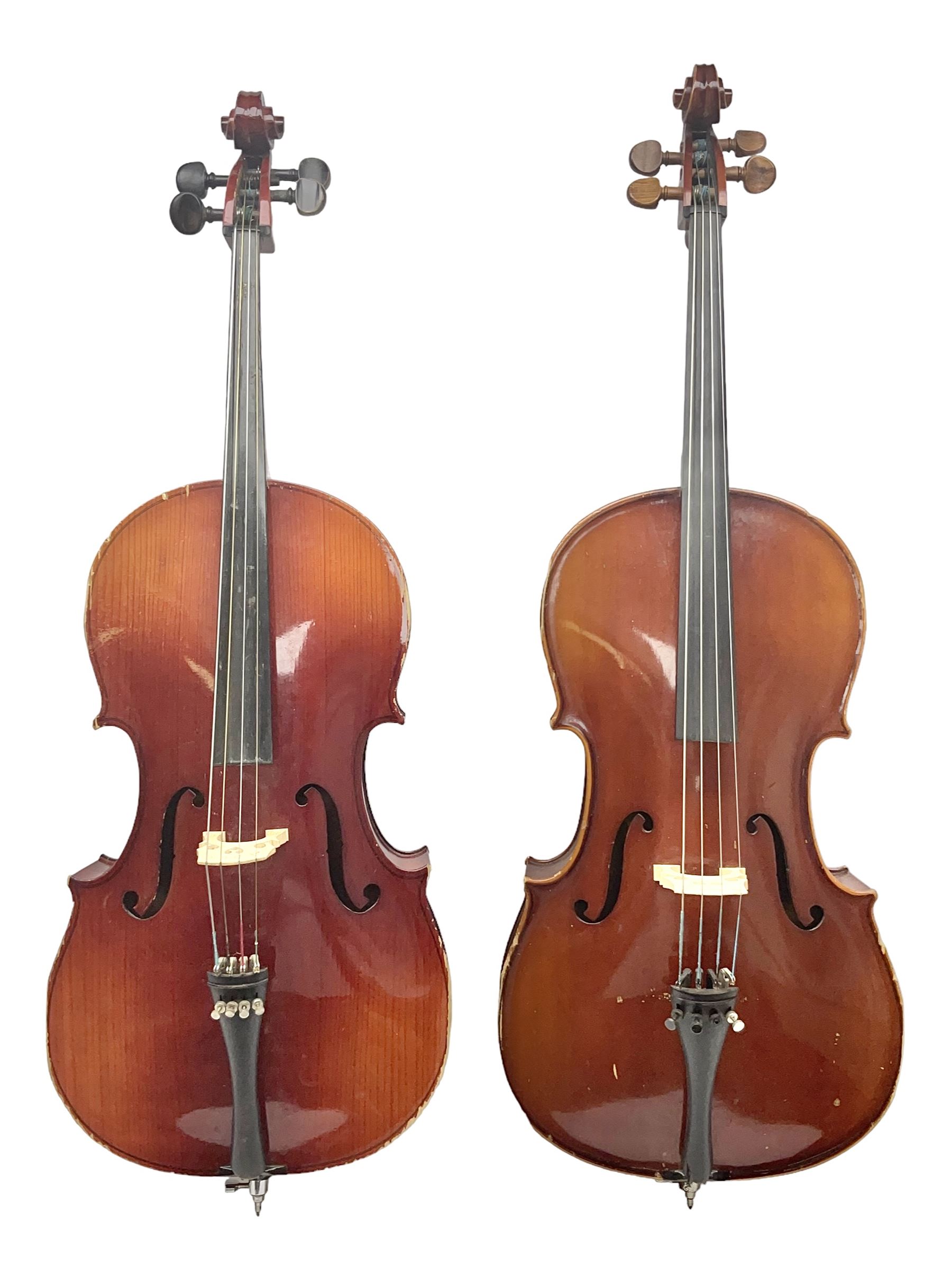 Two student half-size cellos - Boosey & Hawkes Artia with 65cm one-piece back and spruce top; bears maker's label; L104cm overall; and Romanian with 65.5cm two-piece maple back and ribs and spruce top; bears label; L108.5cm overall; each in soft carrying case with two bows (2)