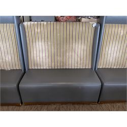 Restaurant bar seat, upholstered in grey leather and striped fabric- LOT SUBJECT TO VAT ON THE HAMMER PRICE - To be collected by appointment from The Ambassador Hotel, 36-38 Esplanade, Scarborough YO11 2AY. ALL GOODS MUST BE REMOVED BY WEDNESDAY 15TH JUNE.