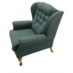 Sherborne England Lyndon fireside armchair, upholstered in Highland Baltic fabric, light oak legs