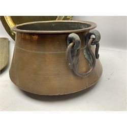 Copper pot with twin iron handles, large heavy planished brass charger and brass crocodile tray, charger D59cm