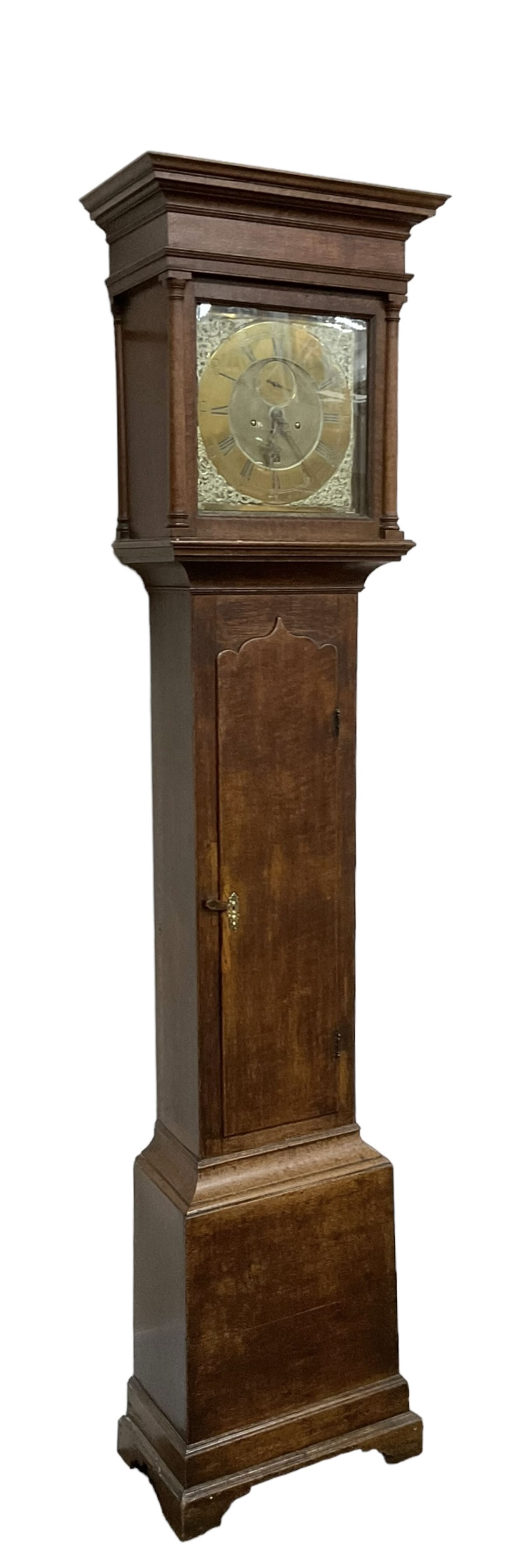 John Agar of York - late 18th century oak eight day longcase clock, with a flat topped pediment and broad frieze beneath, square hood door with attached pilasters, long rectangular trunk with a wavy topped door on a long plinth with a stepped base, brass dial with a matted centre and cast spandrels, chapter ring with makers name, Roman numerals and five minute Arabics, sunken seconds dial, square date aperture and
original matching steel hands, dial pinned directly to an eight day rack striking movement, striking the hours on a bell. With weights and pendulum.
John Agar (1) was a highly prolific York clockmaker during the 18th and early 19th century producing many fine longcase and bracket clocks from his workshop in Castlegate York. 