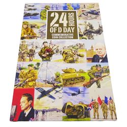 Twenty-four Hours of D-Day commemorative coin collection comprising twenty-four Queen Elizabeth II Bailiwick of Guernsey 2019 five pound coins, Pobjoy Mint Gibraltar 2019 silver proof fifty pence commemorating the 75th Anniversary of D-Day, cased without certificate, etc. 