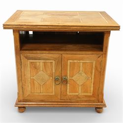 Barker & Stonehouse - ‘Flagstone’ inlaid mango wood television or media cabinet, rectangular moulded top with geometric inlaid panels, open central media shelf over a pair of panelled cupboard doors with inlay and metal ring handles, enclosing fixed shelving, raised on turned bun feet