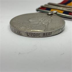Victoria Queens South Africa Medal with Transvaal, South Africa 1901 and South Africa 1902 clasps awarded to 6769 Pte. D. Leak Liverpool Regiment; with replacement ribbon.