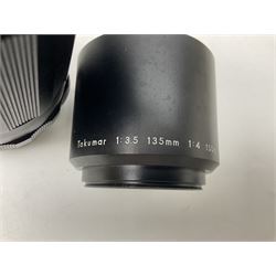 Asahi Pentax S1a camera body, serial no. 707071, with 'Super-Takumar 1:1.8/55' lens, serial no 2124044, together with Asahi Pentax Sv camera body, no. 1925617 with 'Super-Takumar 1:2/55' lens, serial no. 2770153, Asahi Pentax Meter, 'Super-Takumar 1:3.5/28' lens, serial no. 2075492 and 'Super-Takumar 1:4/150' lens, serial no. 1461613  