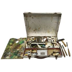 20th century Winsor & Newton aluminium artist's box, with contents: paint tubes, pallet knives, roller, and pallet. Reputedly made from metal salvaged from World War Two Spitfire.  