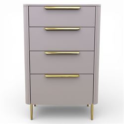 Made.com - 'Ebro' grey four drawer chest, gold painted metal shaped handles, rounded corners with fluted detail, raised on gold painted metal tapered supports