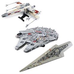 Three Lepin Star Wnrs built models, comprising Red Five X-Wing Starfighter no. 05039, Mill...