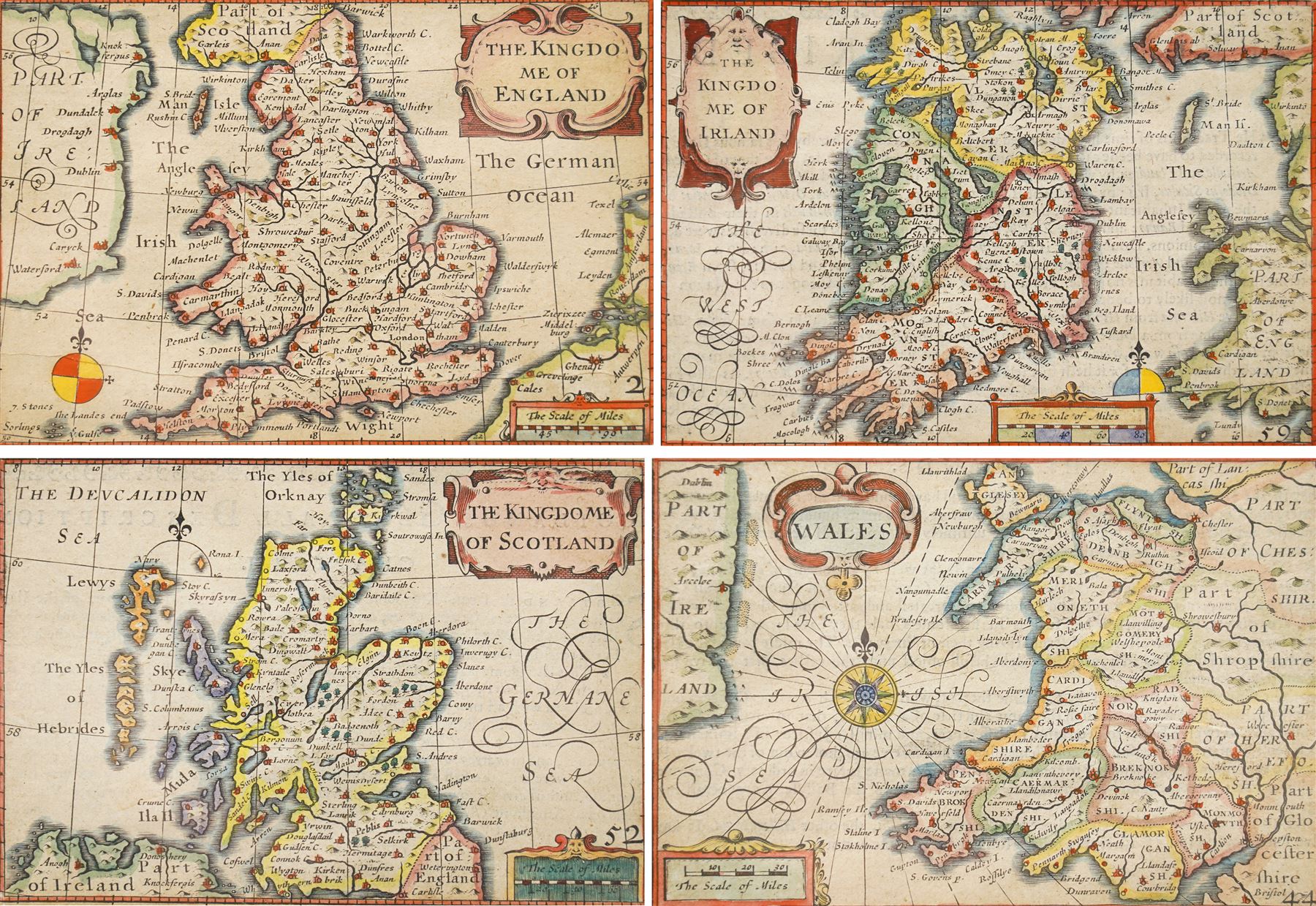 Pieter van den Keere (Flemish 1571-1646): 'The Kingdomes of England Scotland and Ireland', set of four 'Speed Miniature' 17th century engraved maps with hand-colouring pub. 1632, 8.5cm x 12cm (4)