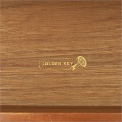 Golden Key By Palatial Ltd - mid-20th century teak dresser, three part mirror above a rectangular top, with six drawers with brass handles and pulls, upon splayed tapering legs 