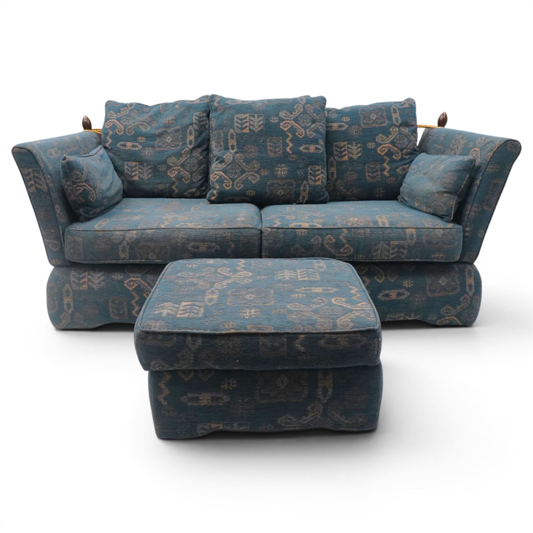 Edwardian design Knole-type drop-end two seat sofa, of traditional shape with hinged drop arms held by ropetwist tassels, upholstered in cobalt blue geometric patterned fabric, with loose seat and scatter cushions; together with matching ottoman footstool (W70cm D55cm H39cm)