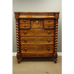  Large Victorian figured mahogany chest, hidden frieze drawer above seven drawers, barley twist pilasters, turned feet, W121cm, H149cm, D61cm  