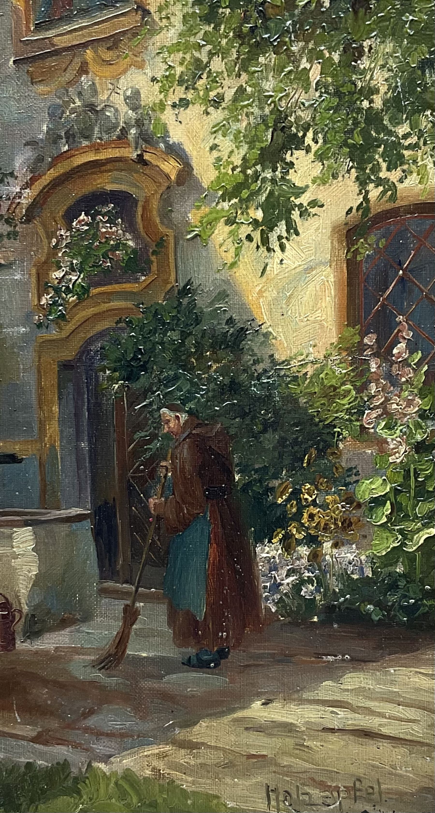 Hans Holzapfel (German 1884-1960): Monk Sweeping a Courtyard, oil on canvas mounted onto board signed 36cm x 20cm