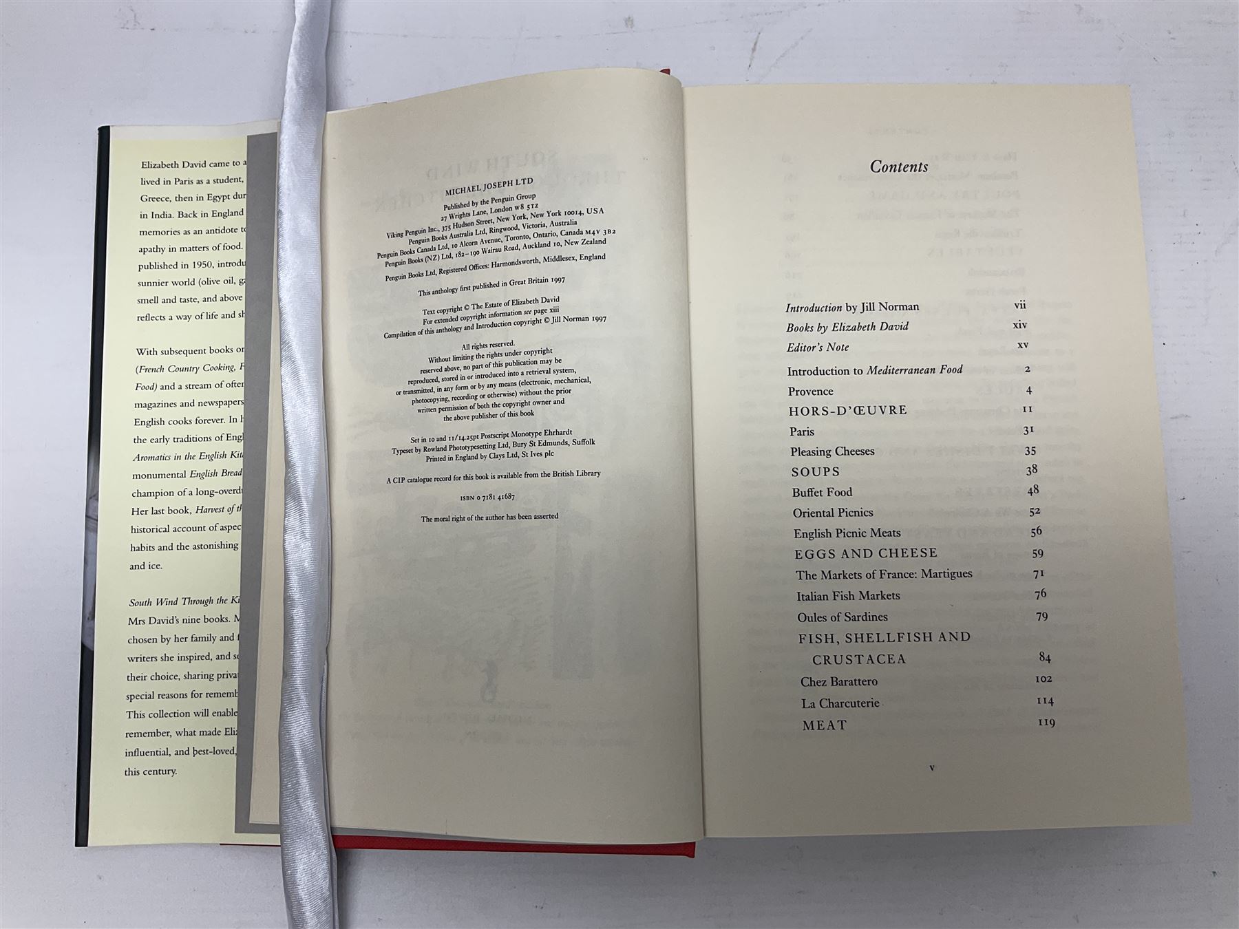 Three books of cookery interest by Elizabeth David comprising 'Italian Food', 'English Bread and Yeast Cookery' and 'South Wind Through the Kitchen'
