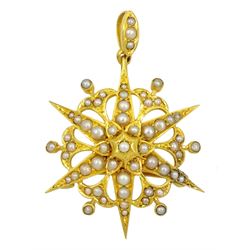 Edwardian split pearl star pendant/brooch, stamped 15ct