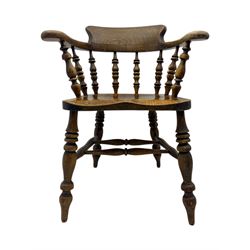 19th century elm and beech smoker's bow armchair, shaped arms over turned spindle gallery and dished seat, on turned supports united by double H-shaped swell turned stretchers 