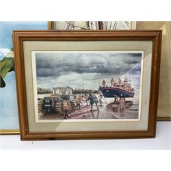 After Henry Scott: 'The Great Race from China to London' colour print together with large print diagram of a trawler, two other marine prints and a print of a WWII Halifax unit max 68cm x 108cm (5)