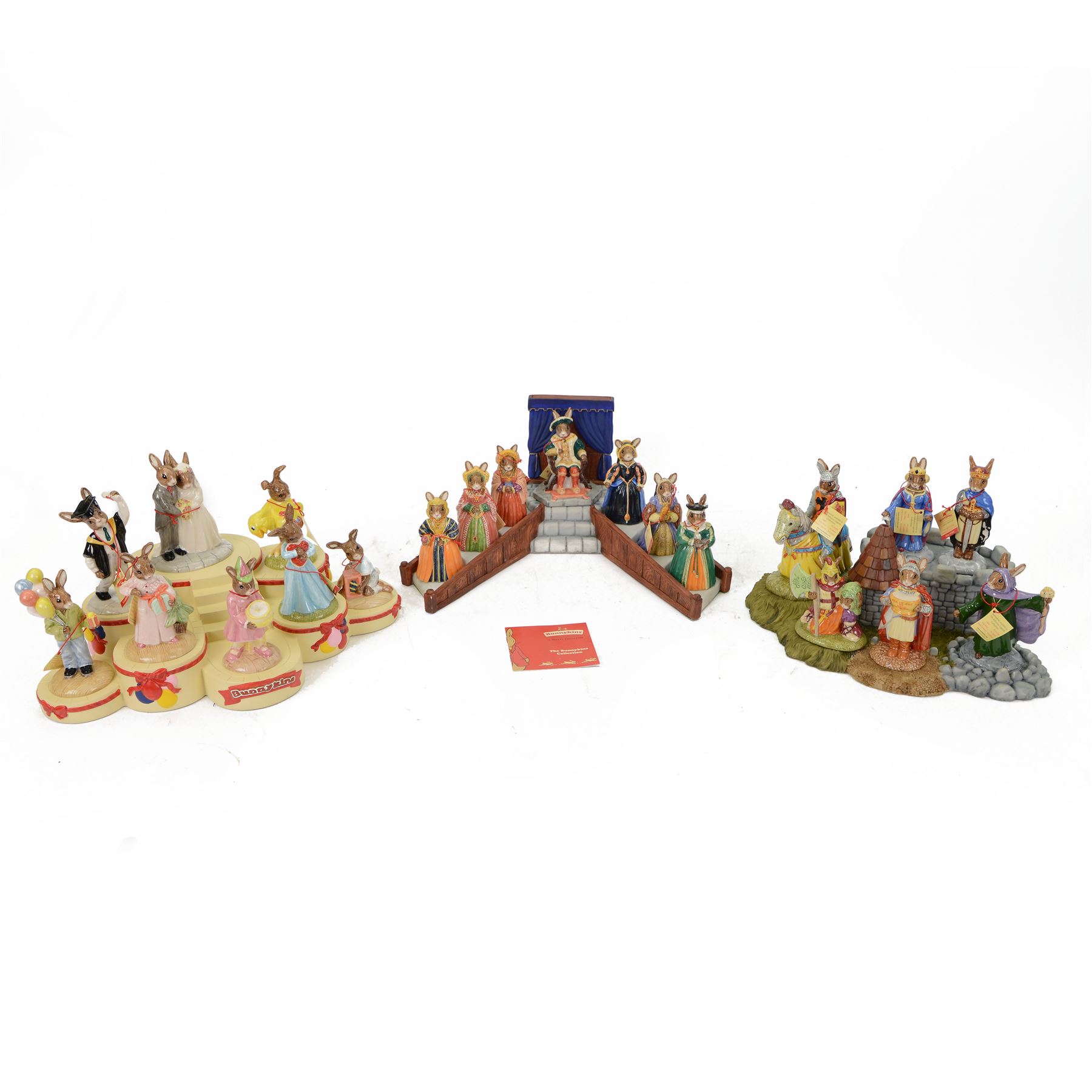 Royal Doulton Bunnykins, comprising of three complete sets;  The Arthurian Legend Set, with display plinth, Sir Gawain, Queen Guinevere, Sir Galahad, Merlin, King Arthur, Sir Galahad; Tudor set with display plinth, Henry VIII, Anne Boleyn, Jane Seymour, Catherine of Aragon, Catherine Parr, Anne Of Cleaves and Catherine Howard; The Occasions Collection: with display plinth, Christmas Morning, Wedding Day, Love Heart, Easter Treat, Birthday Girl, Congratulations, Graduation Day and Easter Parade, all with original boxes