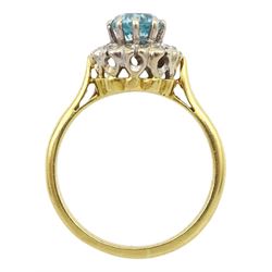 18ct gold round blue zircon and diamond cluster ring, Birmingham 1975, boxed