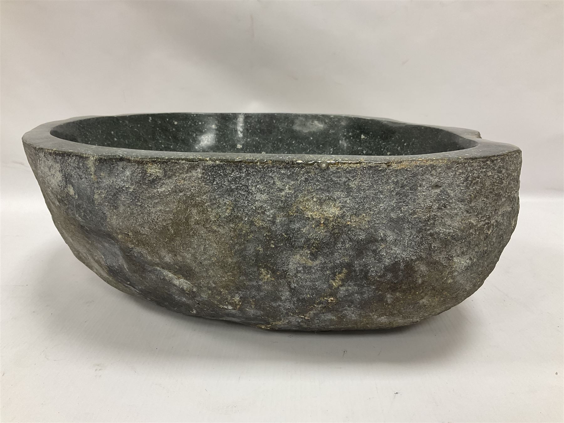 River rock carved stone bowl with polished centre, H16cm, W36cm, L47cm