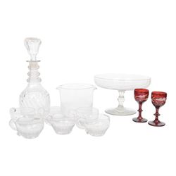 19th century and later glass, including etched tazza, jug, six punch cups, Irish decanter ...