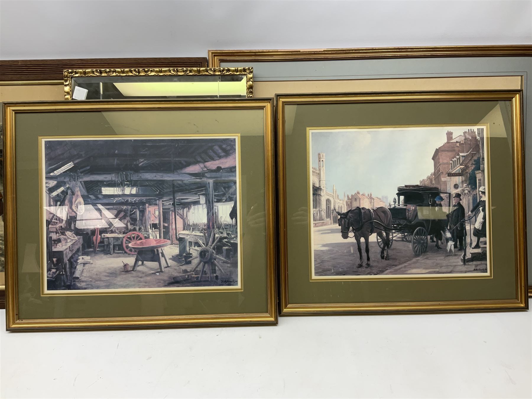 After Sir Joshua Reynolds (British 1723-1792): 'Lord Henry and Lady Charlotte Spencer', engraving with hand colouring pub. 1790; After Heywood Hardy (British 1843-1933): 'In the Lap of Luxury', engraving; After John Watson Nicol (British 1856-1926): 'An Immediate Settlement will Oblige', engraving; after Charles Staniland (British 1838-1916): 'Saved at Last', engraving; After Gaton Woodville: 'In the Nick of Time', colour print; after Victor Venner: 'The Mowbray Hunt Checked', colour print together with pair colour prints after Fred Elwell, a Chinese print, a mirror, further pictures etc, max 45cm x 68cm