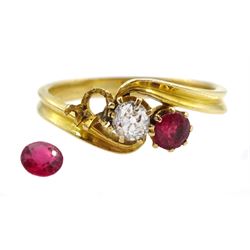 Gold old cut diamond and pink stone ring, stamped 18ct