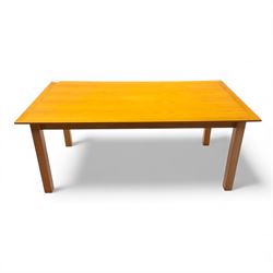 Habitat - contemporary light oak dining table, rectangular veneered top, with mitred border veneer over square section legs, with six beech upholstered chairs in grey fabric, open back with central splat, raised on square section legs, W52xD44xH88cm