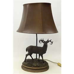  Bronzed table lamp mounted with Stag on rocky oval vase with leather shade, H67cm   