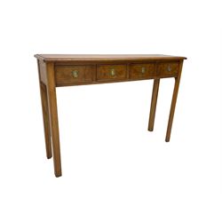 Contemporary ash and burrwood side table, moulded rectangular banded top over four drawers, square supports with outer mould and inner chamfer L110cm