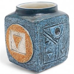 Troika marmalade jar decorated with geometric panels on an incised blue ground, the base signed with initials for Louise Jinks H9.5cm