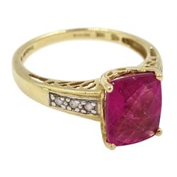 14ct gold briolette cut rubellite ring, with diamond set shoulders, hallmarked 
