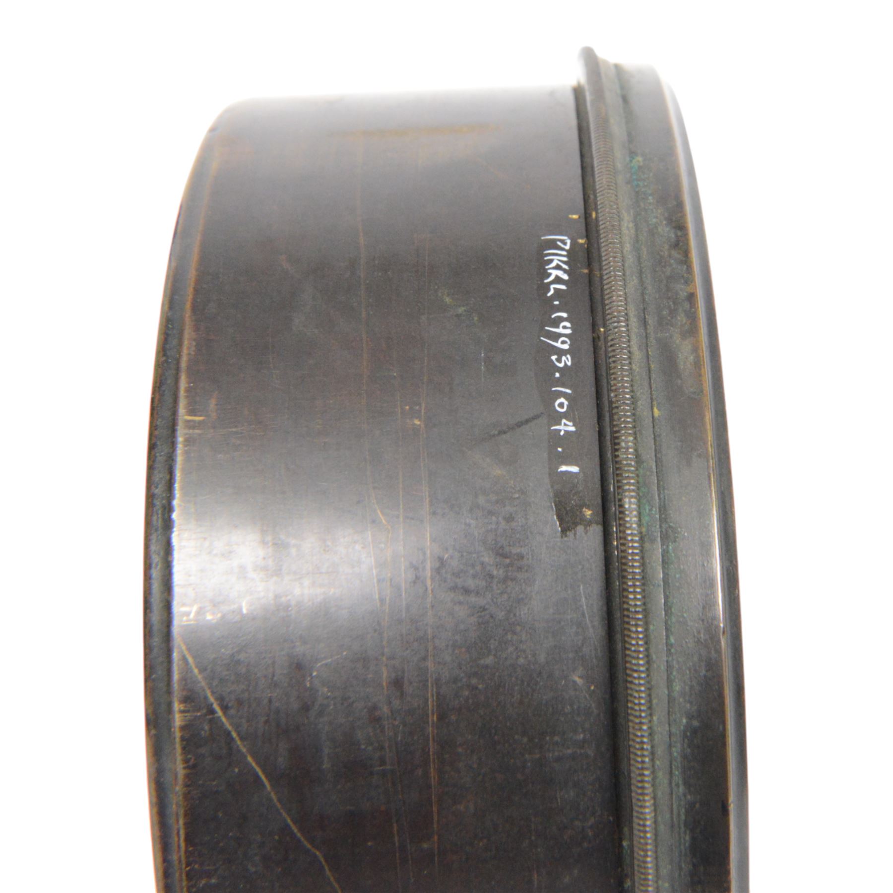 Two large brass cased condenser lenses, largest D21cm