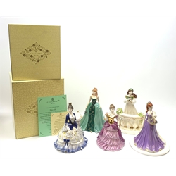 A group of Coalport figurines, comprising limited edition Emerald The Gem Collection 511/1500, with accompanying certificate and box, limited edition Language of Flowers I'll Always Be True Blue Violets 533/2000, with accompanying certificate and box, limited edition Classical Heroines Juliet 1257/2000, At The Stroke of Midnight A New Millennium, and Millennium Princess. (5). 