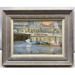 Michelle Saunders (British 1936-): Whitby Quayside Bathed in Sun, oil on board signed 24cm x 34cm 