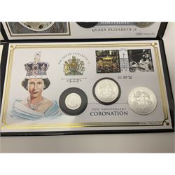 Two Queen Elizabeth II Solomon Islands silver proof three-coin covers, comprising 2021 'Queen Elizabeth II's 95th Birthday' and 2022 'Queen Elizabeth II's 70th Anniversary of Coronation', both in Harrington and Byrne folders