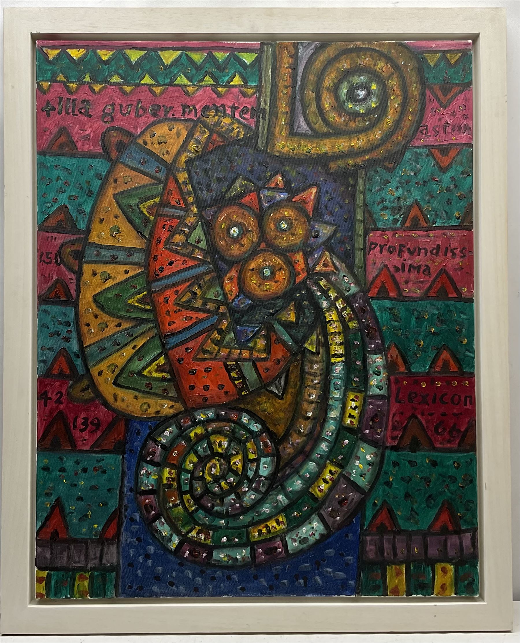 Alan Davie (Scottish 1920-2014): 'Illa Guber Mentem', oil on canvas, signed titled and dated 2010 verso 96cm x 76cm
Provenance: with the Gimpel Fils gallery, Davies Street, London, labels verso