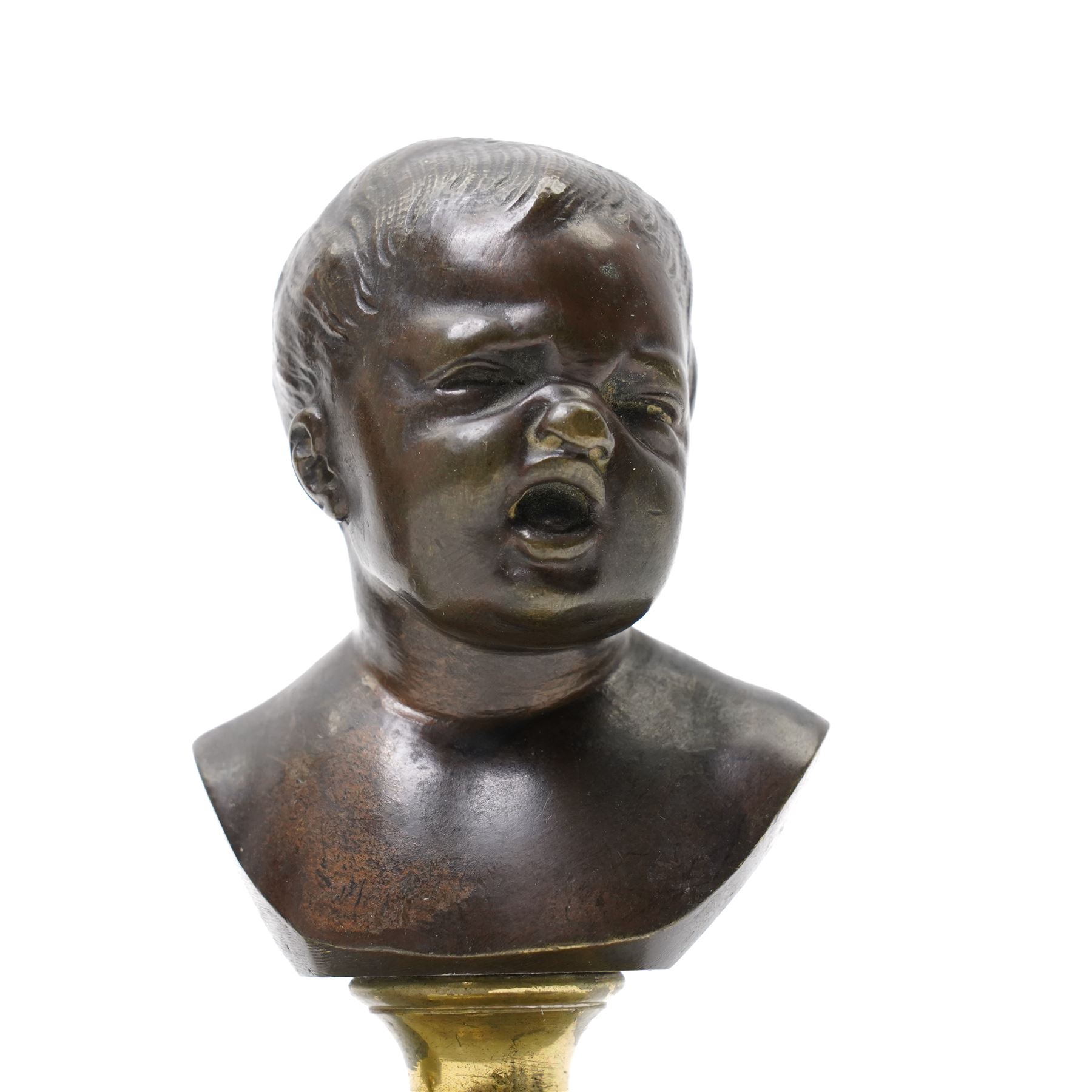 After Jean Antoine Houdon (French 1741-1828): 'Jean qui pleure' and 'Jean qui rit', laughing and crying busts of a boy on circular marble base, H11cm