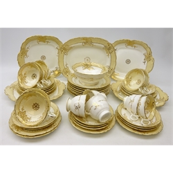  Victorian Coalport Salopian tea service c1870-1880, having floral gilt borders on a champagne ground, comprising five coffee cups & saucers, seven tea cups & saucers, slop bowl, ten tea plates, seven side plates, four serving plates and oval dish, pattern no. 3/758   
