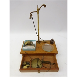  Early 20th century brass balance scales on mahogany base, incomplete, other parts & weights   