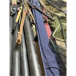 Collection of fishing rods and nets, including Alex Martin Scotia salmon rod, Shakespeare 1650, Allcocks Lucky Strike split cane rod and Chevron Pike 11ft, etc