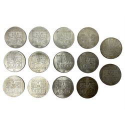 Fourteen Austria silver 100 Schilling coins, four dated 1975 and ten dated 1976, commemorating The 1976 Winter Olympic games