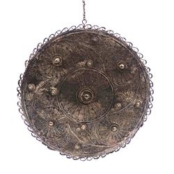 Eastern silver filigree wedding or travel mirror, or circular form with profuse scrolling and foliate filigree work verso, D26cm