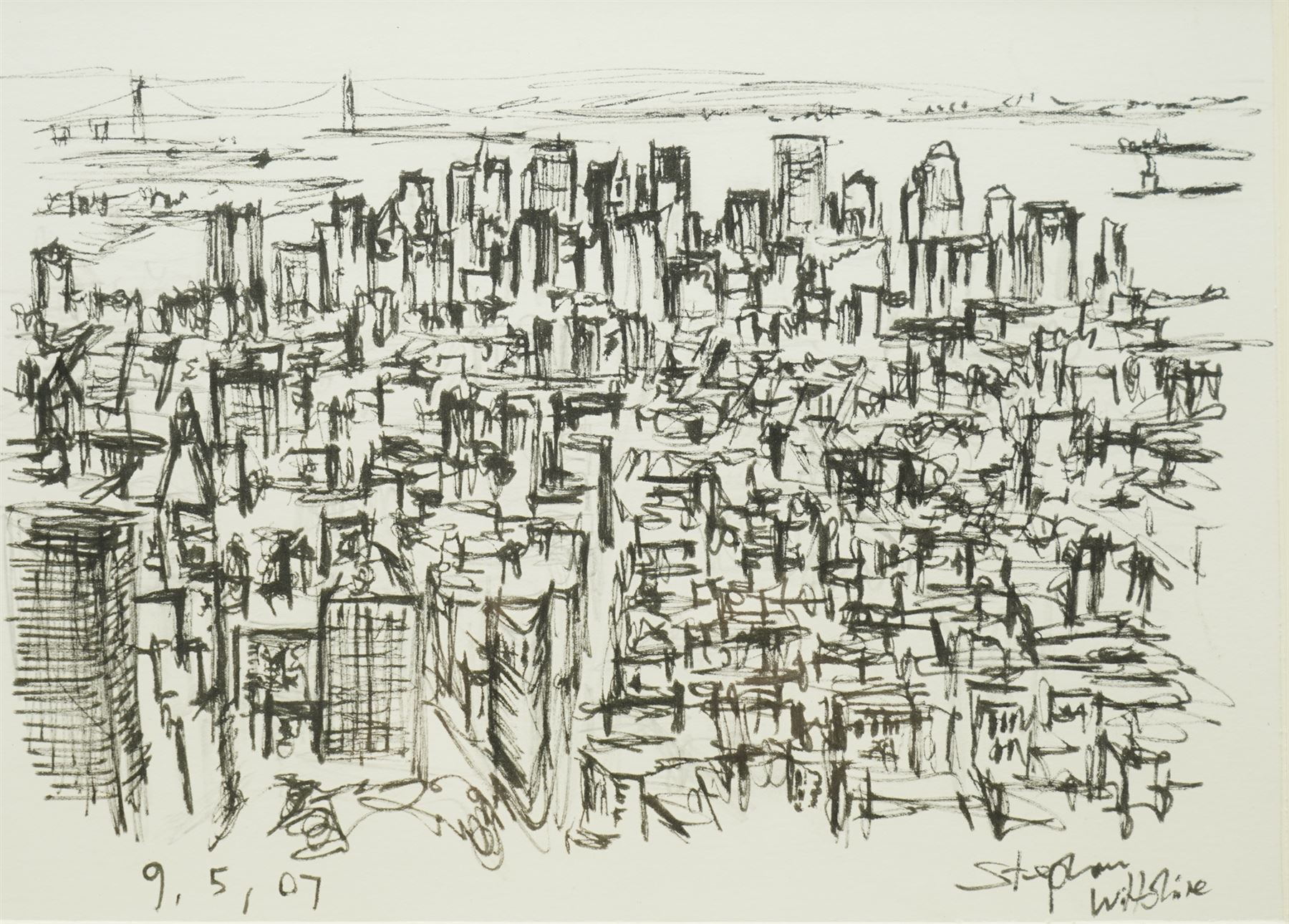 Stephen Wiltshire (British 1974-): 'View of Empire State Building - New York', pen and ink signed and dated '07, titled on certificate of authenticity verso 19cm x 26cm

Notes: Wiltshire is a renowned autistic savant who can produce detailed architectural drawings from memory after viewing a scene just once. He has been compared to the character of Raymond Babbitt in the 1988 film Rain Man, which the artist considers one of his favourite films. In 2006, he was awarded an MBE and opened a permanent gallery on the Royal Opera Arcade in London.