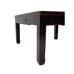 Fine 19th century Chinese Qing dynasty hmong wood mahjong or coffee table, Ming design, square top with raised moulded lip, each side fitted with small drawer, on square supports with hoof feet